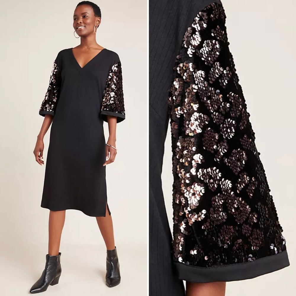 Anthropologie‎ Ro & De Ariel Sequined Sleeve V-Neck Midi Dress Black Size XS